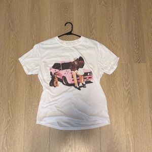 White T-Shirt with Pink Car Graphic